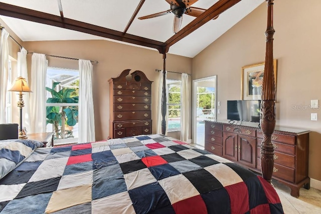 bedroom featuring ceiling fan and lofted ceiling with beams