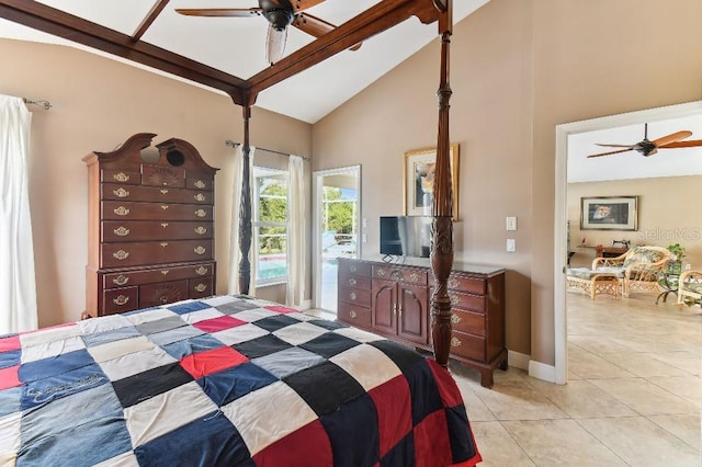 bedroom with ceiling fan, light tile flooring, and vaulted ceiling