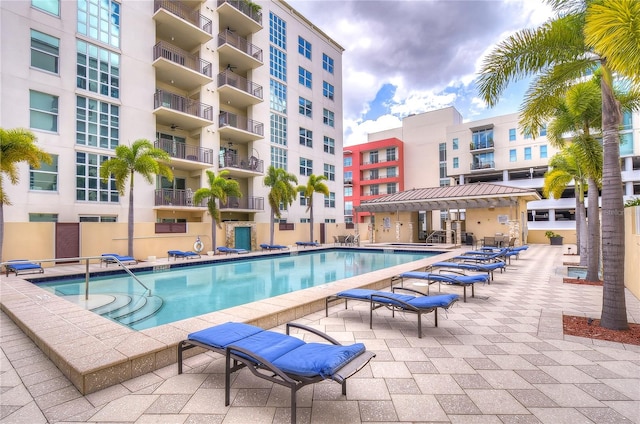 view of swimming pool featuring a patio area