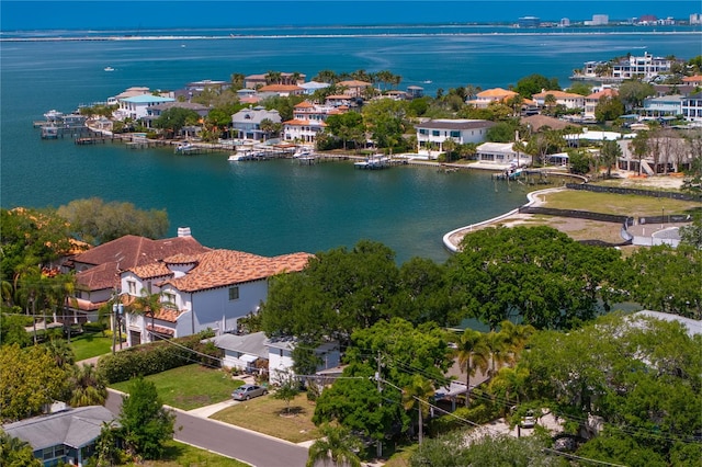 bird's eye view with a water view