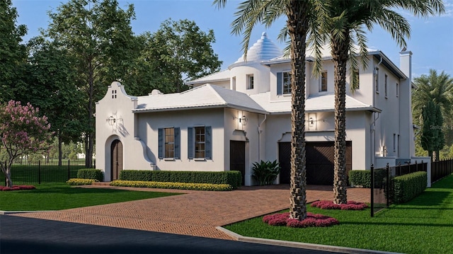 view of front of home featuring decorative driveway, fence, a front lawn, and stucco siding