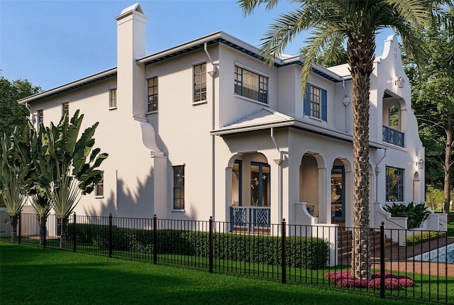 view of front of home with a chimney, a front yard, fence, and stucco siding