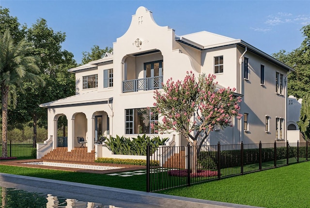 view of front facade featuring a fenced front yard, a front yard, a balcony, and stucco siding