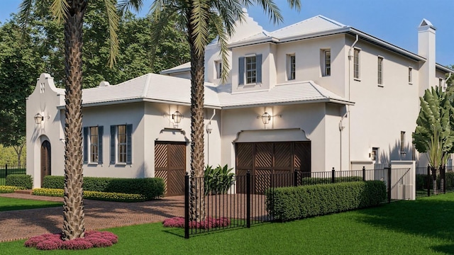 view of front of house featuring a garage, fence, a front lawn, and stucco siding