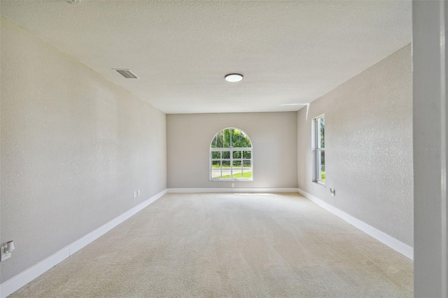 unfurnished room with a textured ceiling and light colored carpet