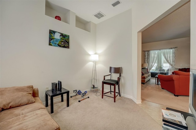 living area with light carpet