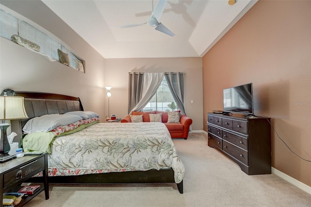 bedroom with light colored carpet and ceiling fan