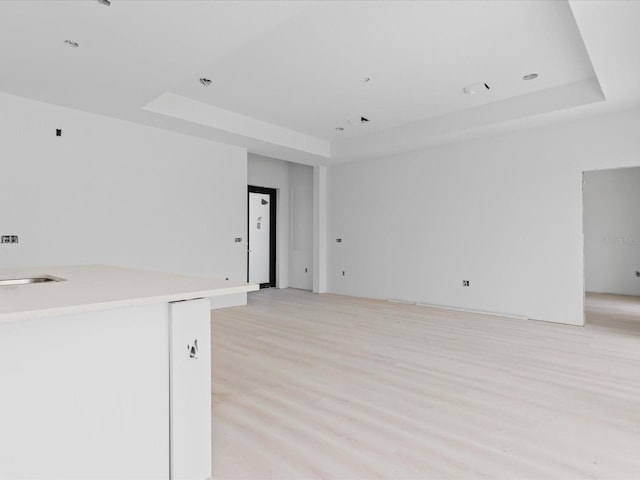 unfurnished room featuring light hardwood / wood-style floors and a tray ceiling