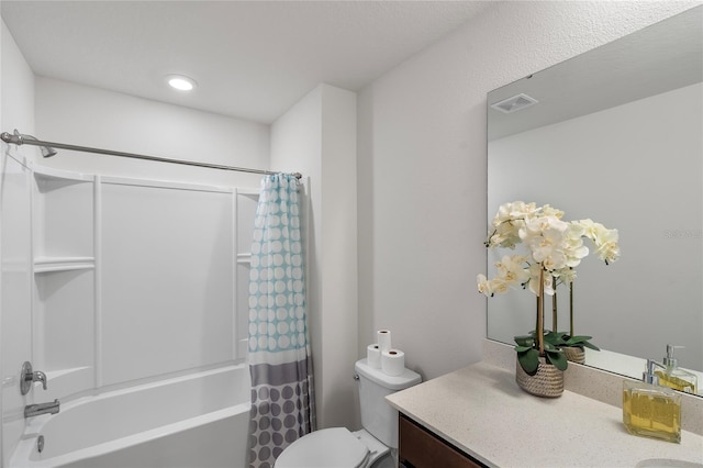 bathroom with toilet, shower / bath combo, vanity, and visible vents