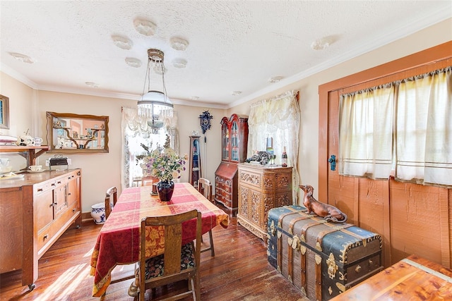 dining room featuring dark wood-type flooring, crown molding, and a textured ceiling