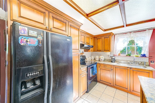 kitchen featuring crown molding, black appliances, light stone counters, sink, and light tile patterned flooring