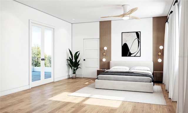 bedroom with ceiling fan, access to outside, and light wood-type flooring