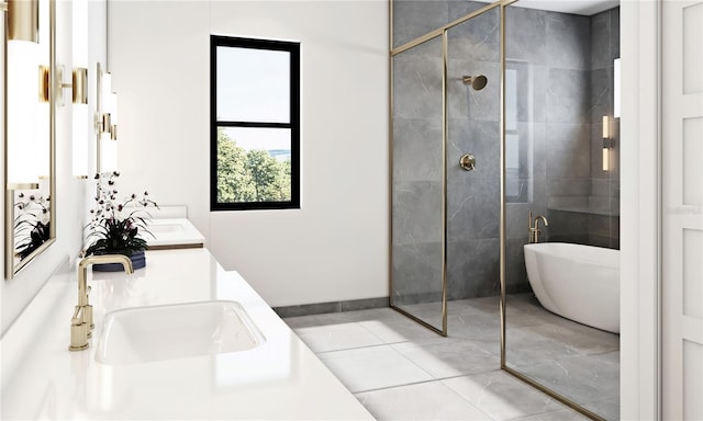 bathroom featuring tile flooring, double vanity, and separate shower and tub