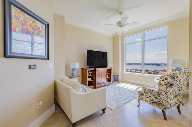 living room with crown molding and ceiling fan