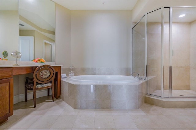 bathroom with vanity, plus walk in shower, and tile patterned flooring