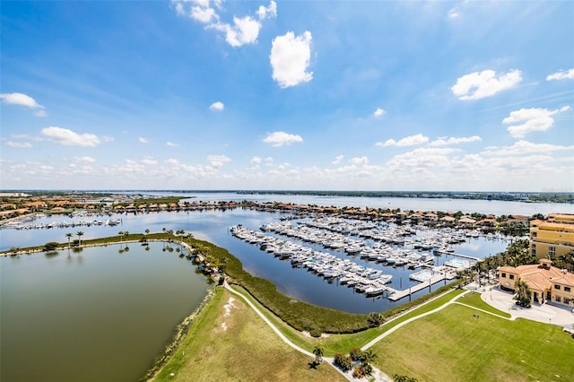 bird's eye view with a water view