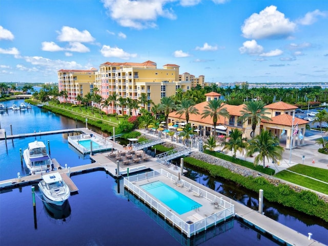 bird's eye view with a water view