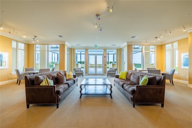 living room featuring a wealth of natural light and crown molding