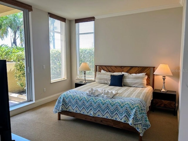 bedroom featuring carpet flooring, ornamental molding, and multiple windows