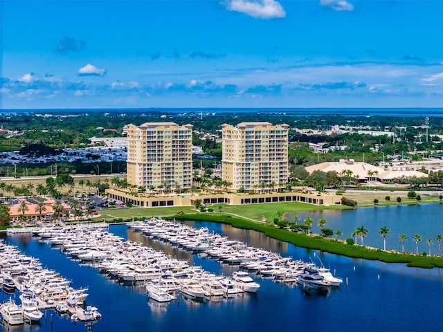 bird's eye view with a water view and a city view