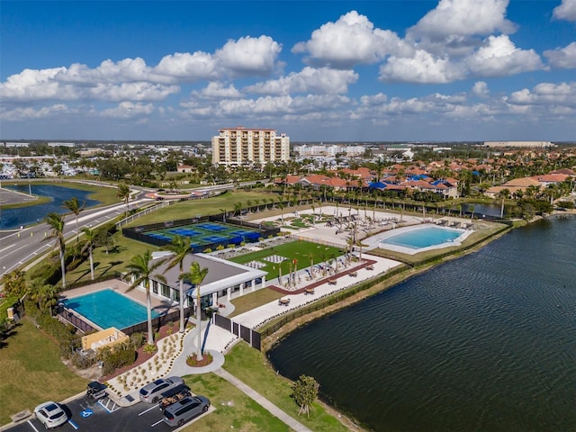 drone / aerial view with a water view