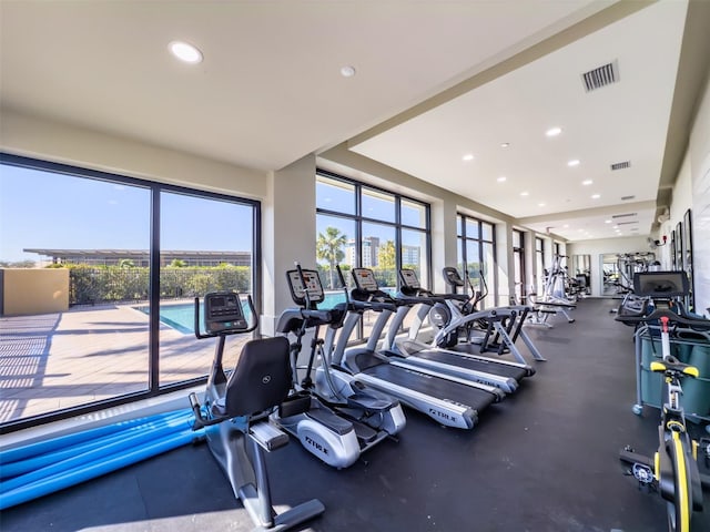 gym featuring visible vents and recessed lighting