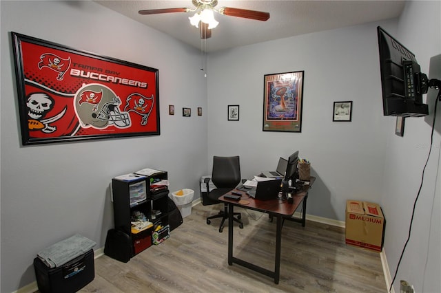 office space with light hardwood / wood-style floors and ceiling fan