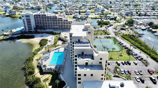 drone / aerial view with a water view