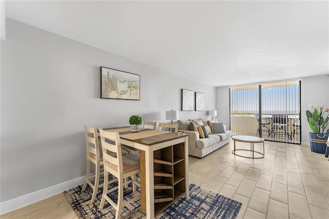 living room featuring light hardwood / wood-style flooring and a wall of windows