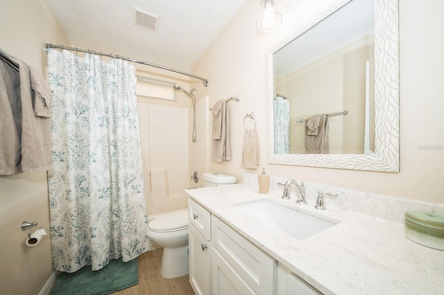 full bathroom with vanity, toilet, and shower / bath combination with curtain