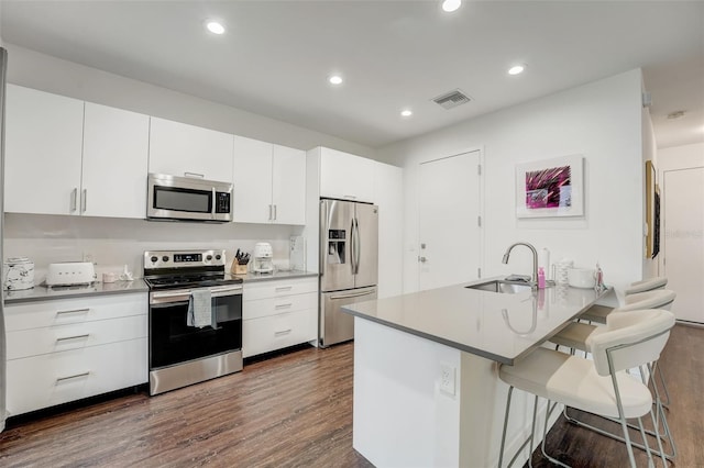 kitchen with white cabinets, dark hardwood / wood-style floors, appliances with stainless steel finishes, and sink