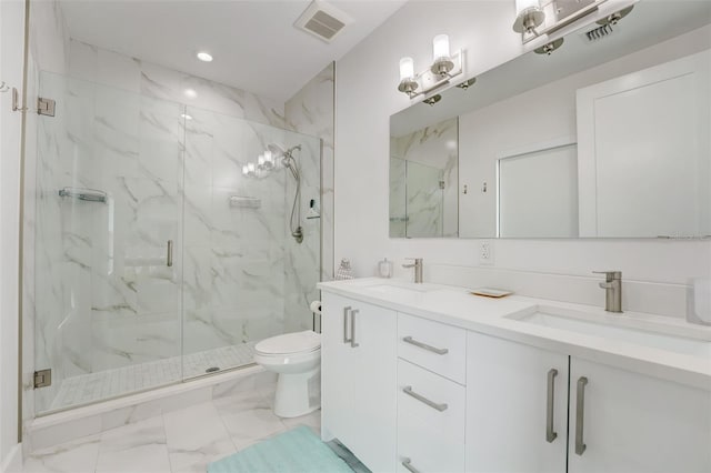 bathroom featuring toilet, double sink vanity, tile flooring, and walk in shower