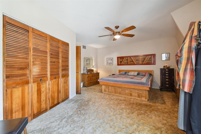 bedroom featuring carpet flooring, a closet, and ceiling fan