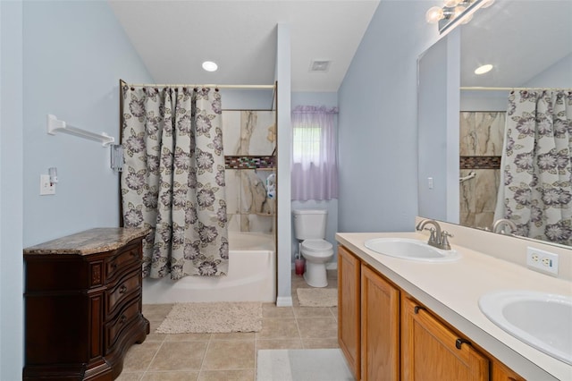 full bathroom with double sink vanity, toilet, tile flooring, and shower / bathtub combination with curtain