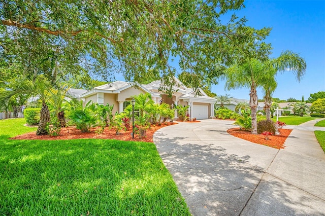 ranch-style house featuring a front lawn and a garage