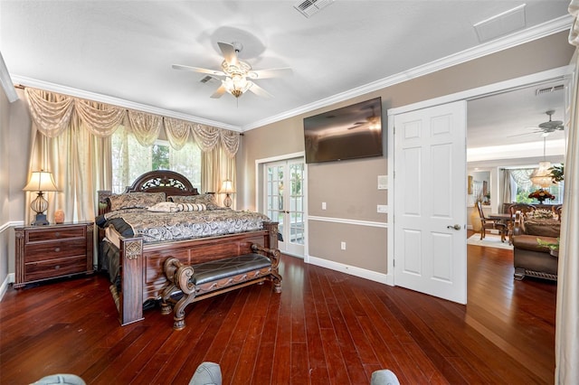 bedroom featuring ceiling fan, french doors, crown molding, and dark wood-type flooring