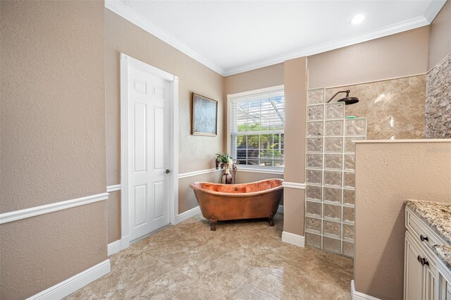 bathroom featuring ornamental molding, a bath, tile floors, and vanity