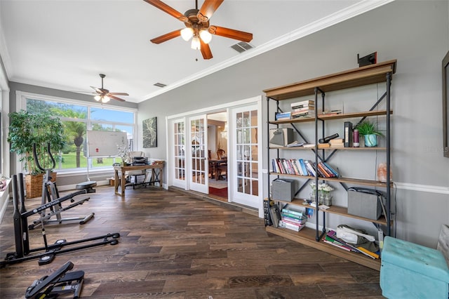 office area featuring french doors, ornamental molding, ceiling fan, and dark hardwood / wood-style flooring