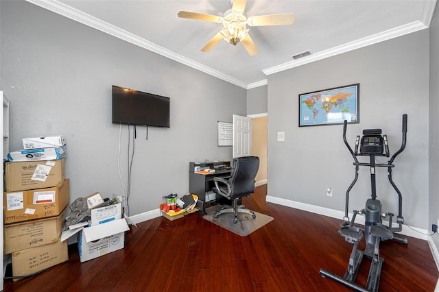 office area with crown molding, ceiling fan, and hardwood / wood-style floors