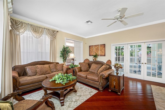 living room featuring ceiling fan, ornamental molding, french doors, and dark wood-type flooring