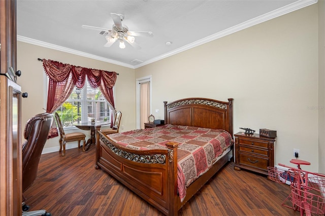 bedroom with crown molding, ceiling fan, and dark hardwood / wood-style flooring