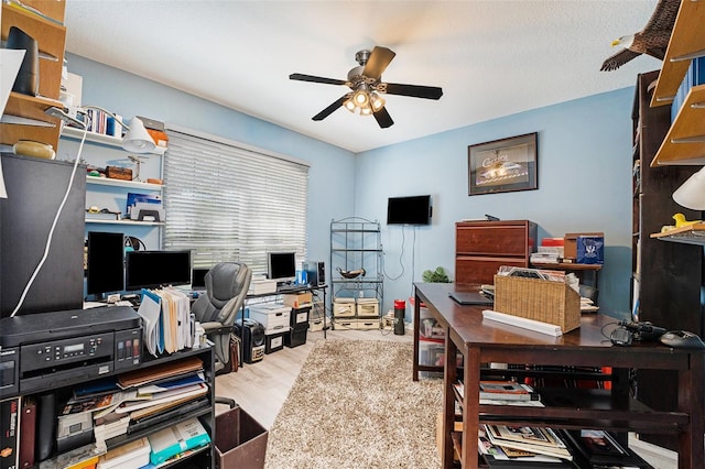 office area featuring ceiling fan and light hardwood / wood-style floors