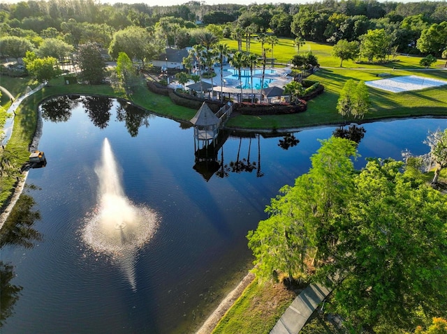 birds eye view of property featuring a water view