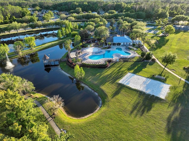 birds eye view of property featuring a water view