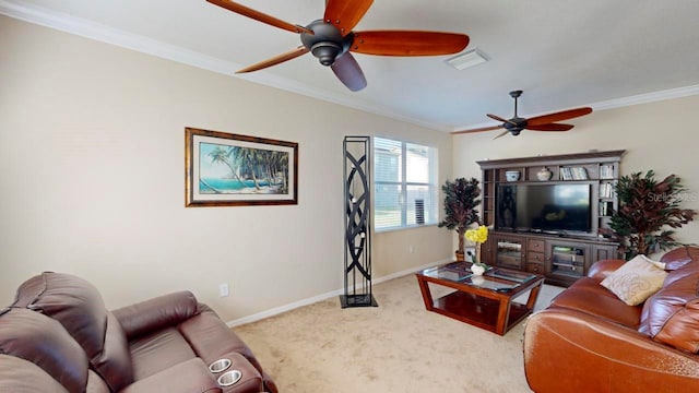 carpeted living room featuring ceiling fan and crown molding