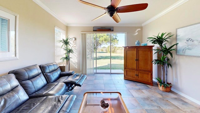 tiled living room featuring ornamental molding and ceiling fan