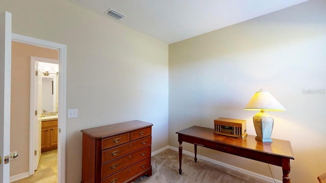 interior space featuring light carpet and ensuite bathroom