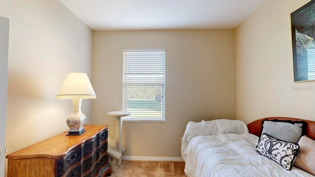 bedroom with light carpet