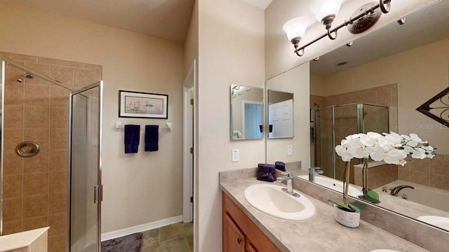 bathroom with tile flooring, dual bowl vanity, and plus walk in shower