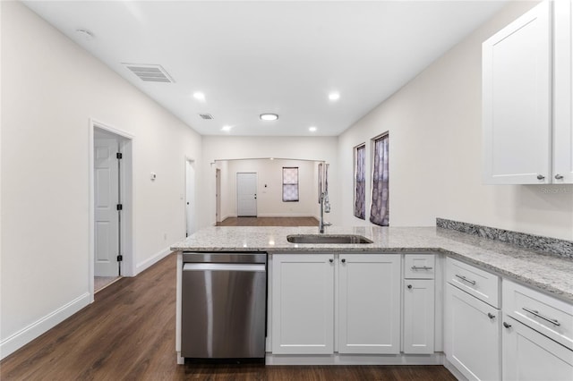 kitchen featuring kitchen peninsula, dark wood-type flooring, white cabinetry, sink, and stainless steel dishwasher